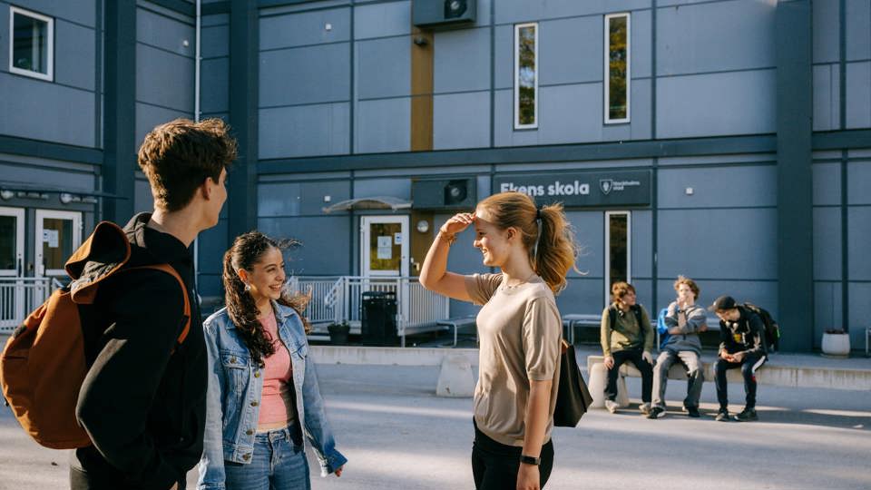 Elever står och pratar utanför skolbyggnaden medan andra sitter på en bänk i solen.